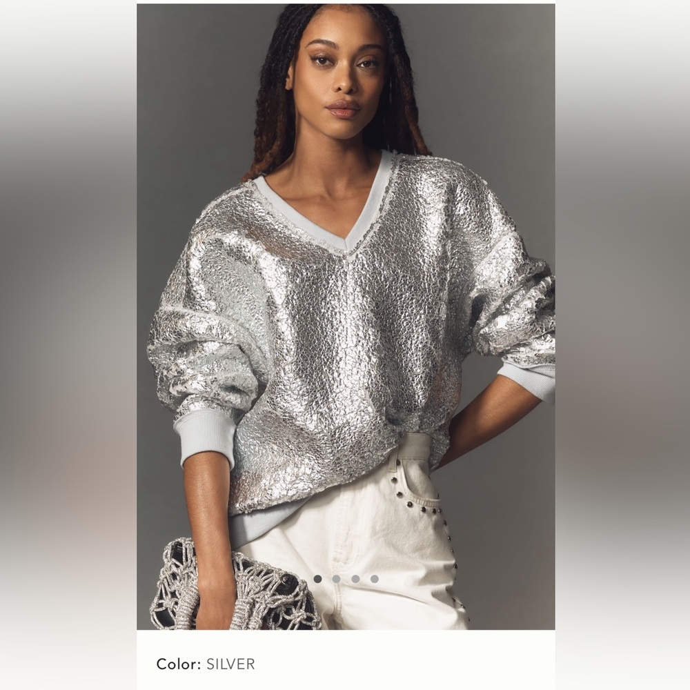 NWT new Anthropologie pilcro large fits XL foil Sherpa tunic sweater top silver